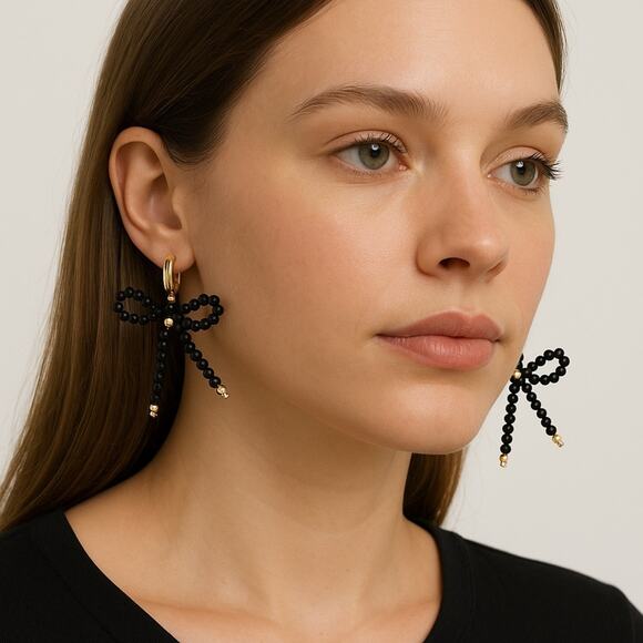 A260-C • Beaded Bow Earrings in Black – 18K Gold Stainless Steel - Picture 3 of 4
